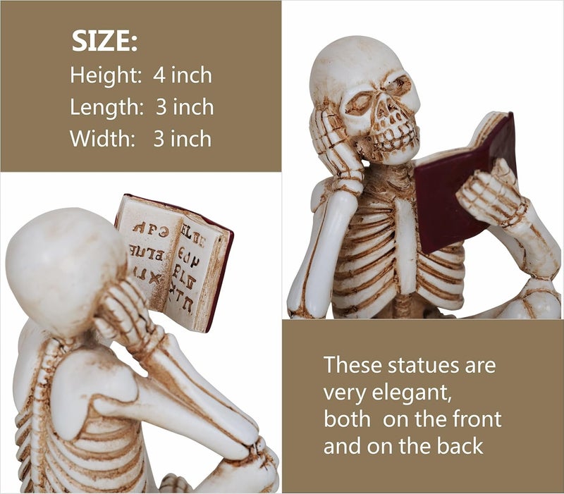 Dlfghos 3 Pieces Halloween Skeleton Statue Halloween Skull Figurine Home Decor Reading Skeleton Figurines Decorations for Indoor Fireplace Home Kitchen Desk Office Party - Image 4